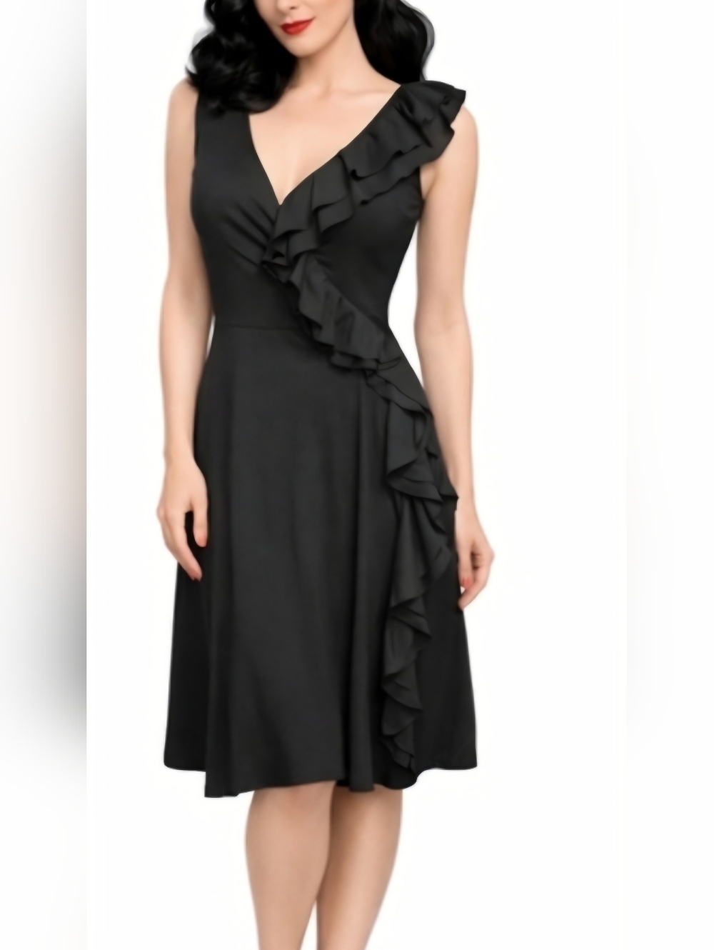 White House Black Market Black Ruffle V-Neck Midi Dress | Size 14 | Classic Fit